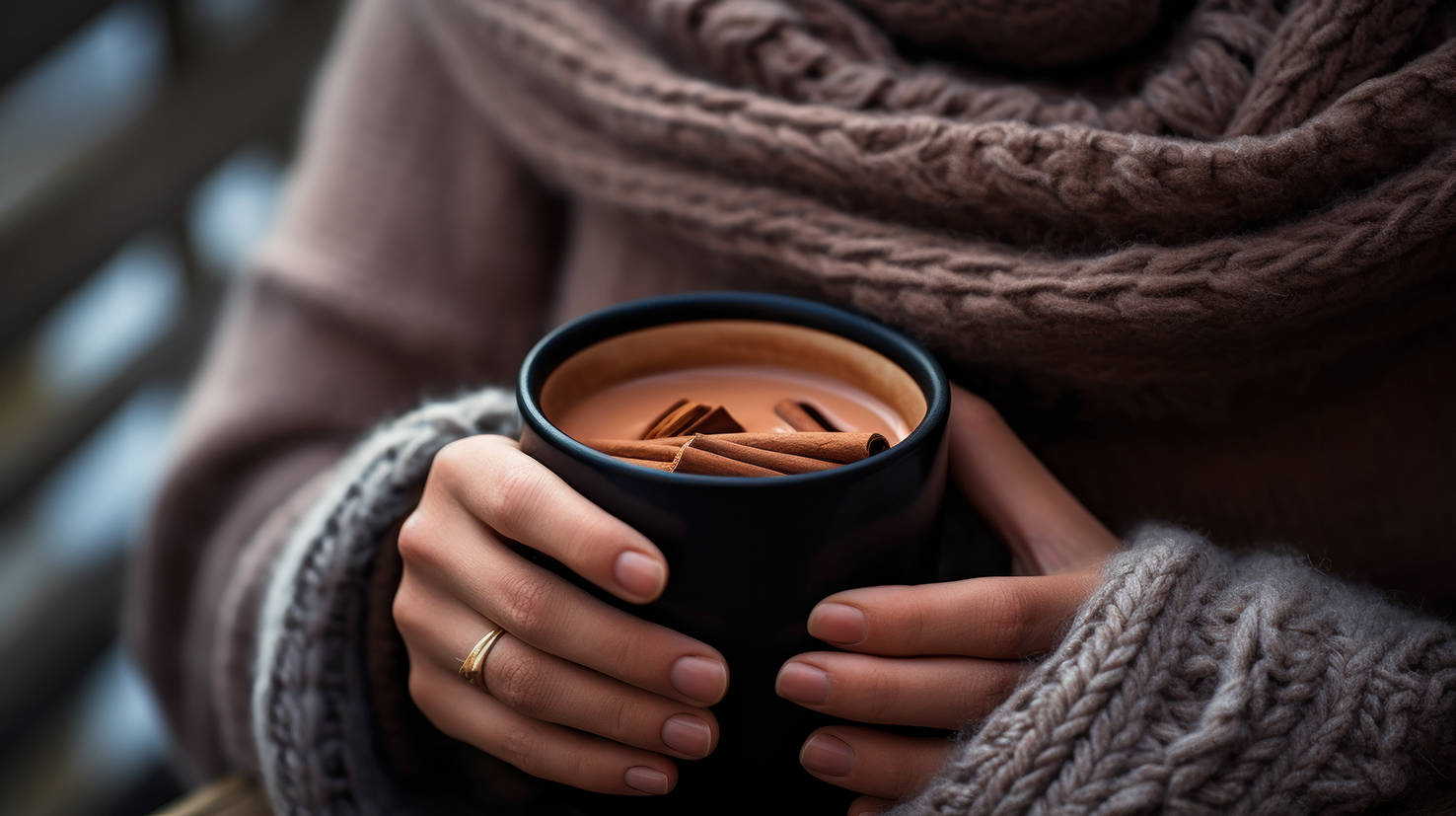 Escena acogedora en la que se vierte chocolate caliente desde una tetera metálica hacia una taza de cerámica artesanal con tonos tierra. A su alrededor, se disponen otra taza similar, galletas especiadas, trozos de chocolate y un tarro de malvaviscos. El fondo decorativo con ramas secas, luces suaves y una casita blanca con ventanas recortadas aporta un ambiente cálido y hogareño, perfecto para disfrutar de un momento dulce en invierno.