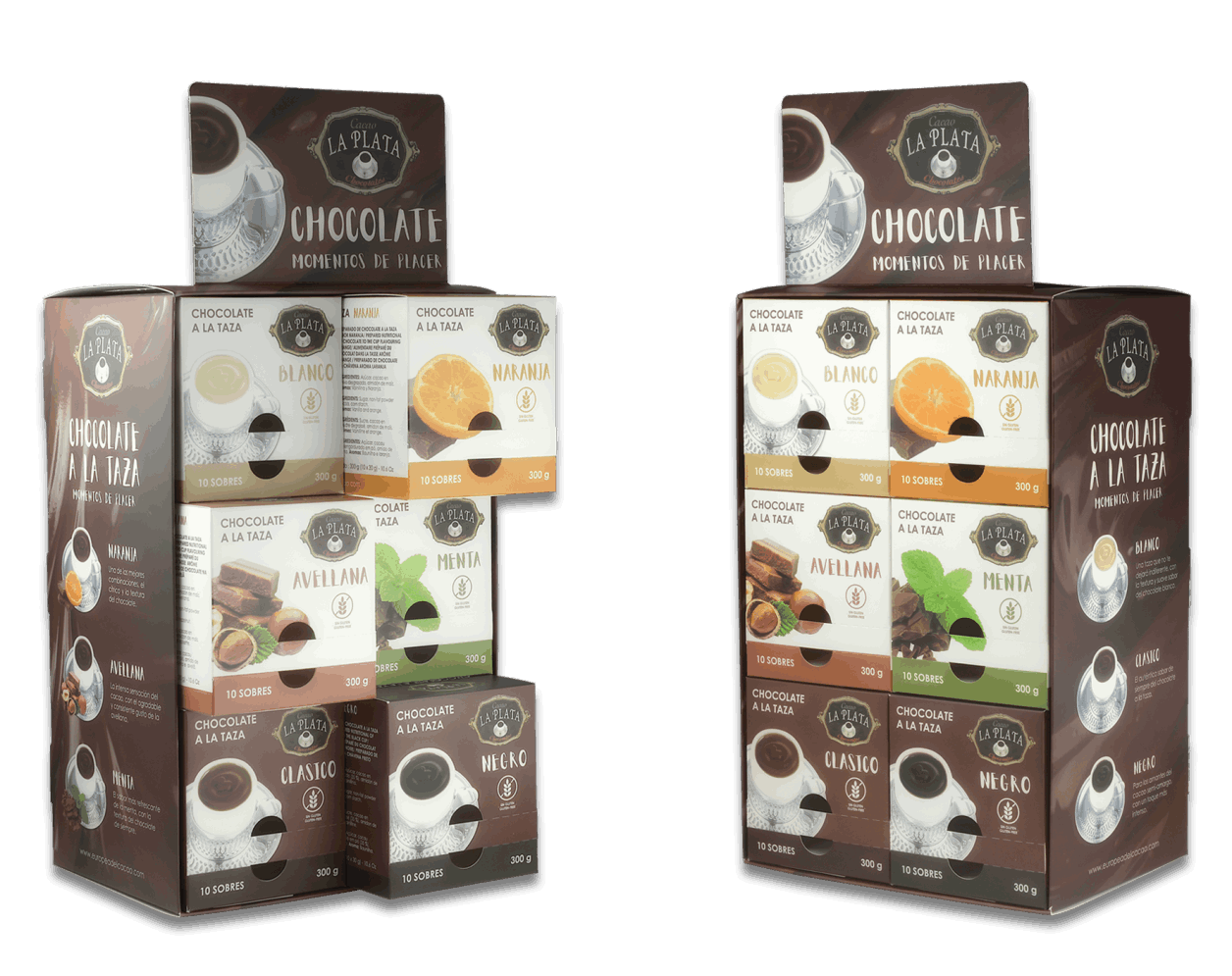 Expositor de productos de la marca “La Plata”, con cajas de chocolate a la taza presentadas en formato individual de 10 sobres. Cada variedad está claramente identificada con su sabor y color distintivo: clásico, negro, blanco, avellana, menta, naranja y fresa. El eslogan “Momentos de placer” destaca en la parte superior, acompañado del logotipo tradicional con la taza de chocolate. La imagen transmite una oferta variada y tentadora, ideal tanto para consumidores individuales como para puntos de venta gourmet.